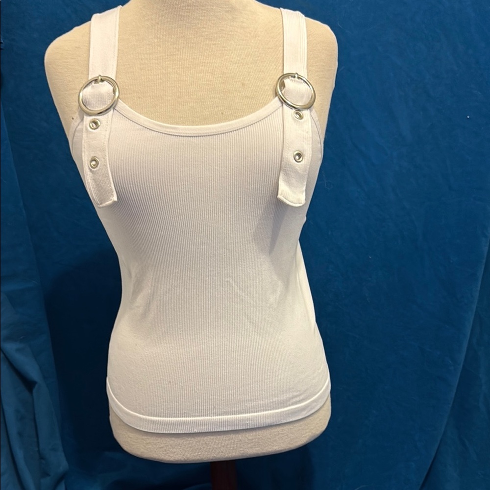 fct basics White Ribbed Tank Top with Silver Accents size large